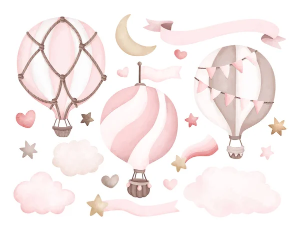 Watercolor Illustration Set Pink Hot Air Balloon Elements — Stock Vector
