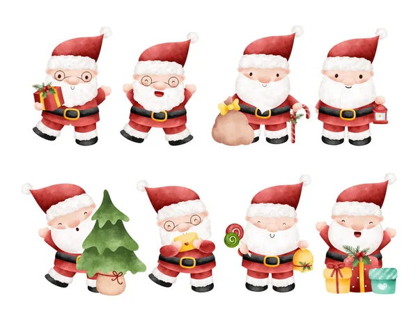 Conjunto Bonito Pequeno Santa Claus Diferentes Poses Com Diferentes Presentes —  Vetores de Stock