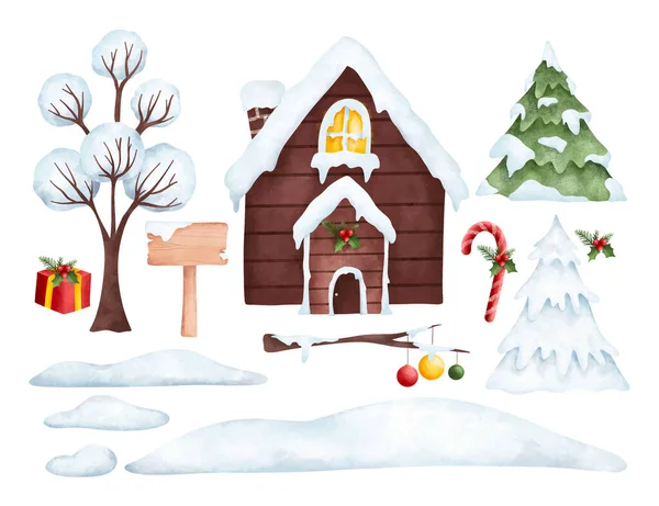 冬のクリスマスセット 水彩クリスマスツリーとスノーマン 雪と火と火の枝を持つ家 手描きイラスト — ストックベクタ