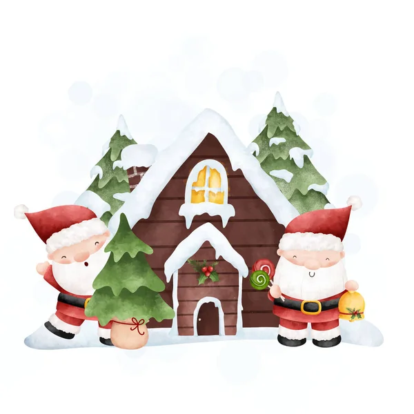Weihnachtshaus Mit Schneemann Und Baum — Stockvektor
