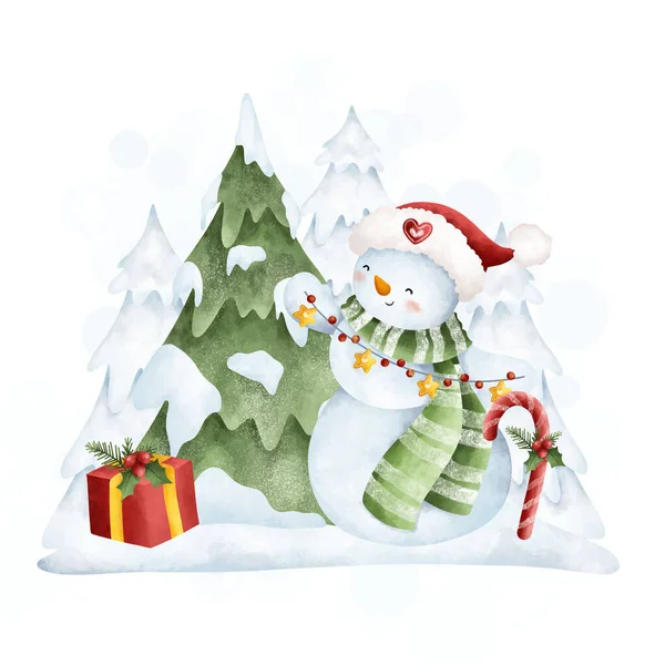 Watercolor Christmas Illustration Snowman — Stock Vector