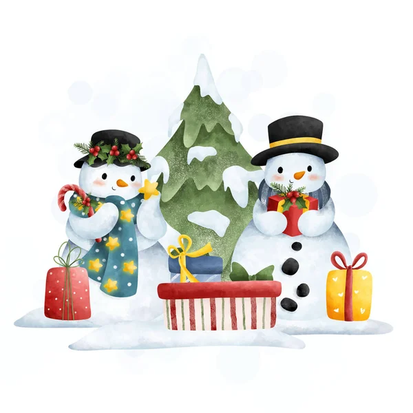 かわいい漫画スノーマンとギフトボックス付きのクリスマスツリー — ストックベクタ