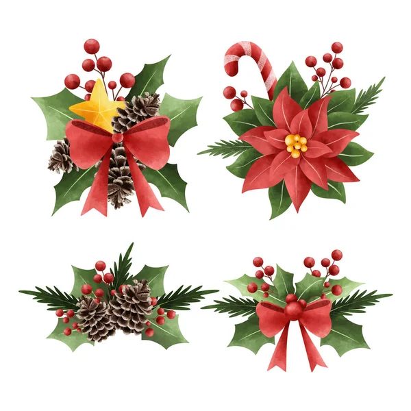 クリスマスホリーの葉とブルーチの装飾セット — ストックベクタ