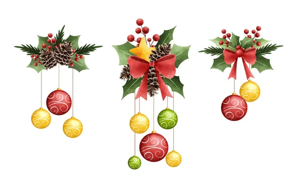 Christmas Balls Pine Cones Branches Christmas Tree — Stock Vector
