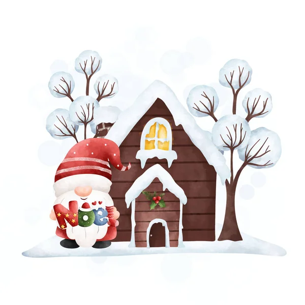 Aquarel Illustratie Kerst Kabouter Met Houten Huis Winter — Stockvector