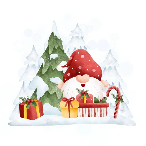 Watercolor Illustration Christmas Gnome Christmas Tree Gifts — Stock Vector