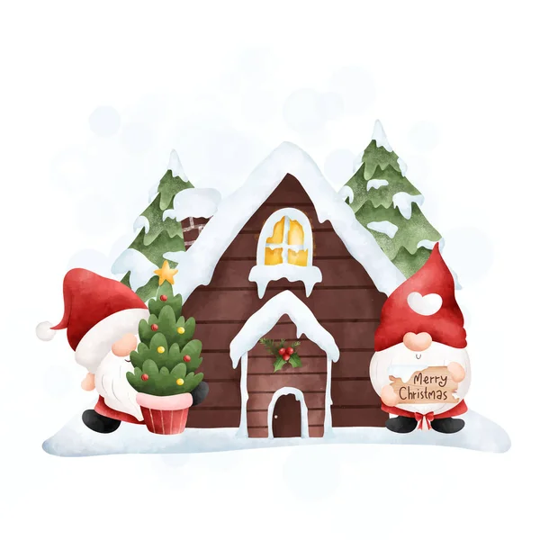Рождественский Гном Деревянным Домом Зимой — стоковый вектор