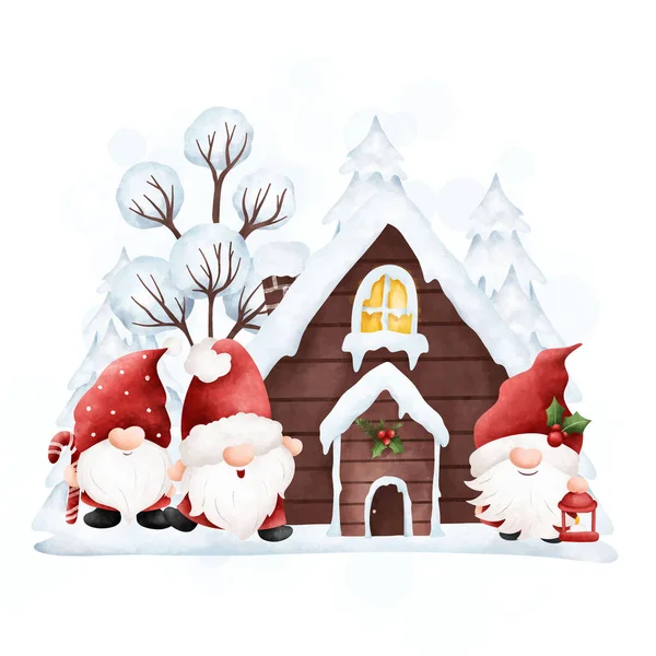 水彩画有木屋和雪树的圣诞小矮人 — 图库矢量图片