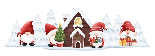 Watercolor Illustration Christmas Gnomes Wooden House Snow Tree — Stock Vector