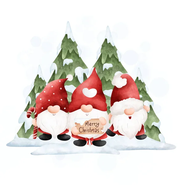 Watercolor Illustration Christmas Gnome Pine Tree Winter — Stock Vector