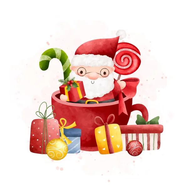 Illustration Aquarelle Père Noël Dans Une Tasse Avec Des Ornements — Image vectorielle