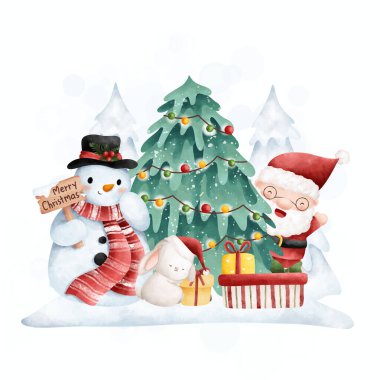 Mutlu noeller ve mutlu yeni yıl kartları. Kardan adam ve Noel Baba. vektör illüstrasyonu.