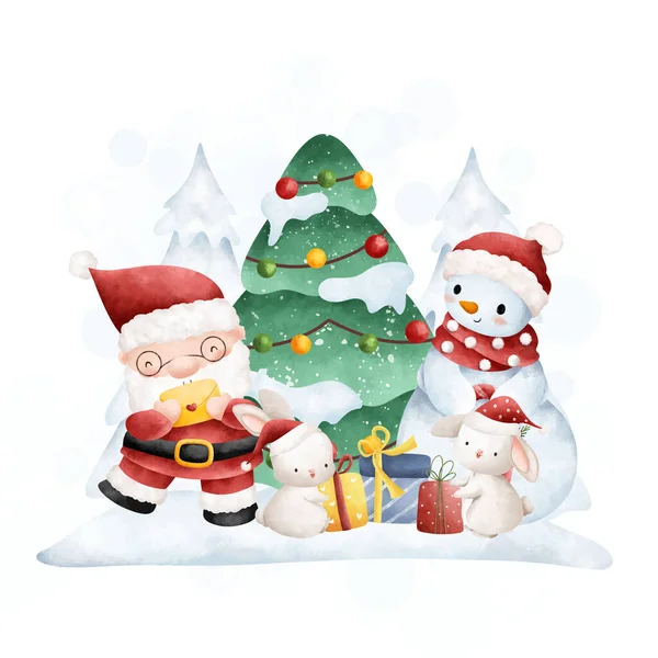 サンタクロース スノーマン クリスマスツリー クリスマスツリー スノーマン ギフトボックス ベクターイラスト — ストックベクタ