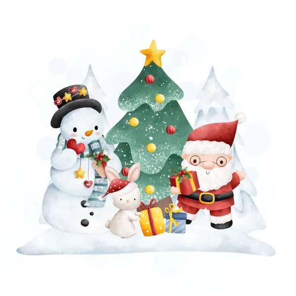 クリスマスツリー スノーマン サンタ 雪だるま 雪だるま クリスマスツリー 白い背景に単離されたベクトルイラスト — ストックベクタ