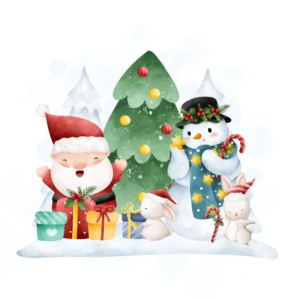 Cute Cartoon Santa Claus Snowman Gifts — Stock Vector