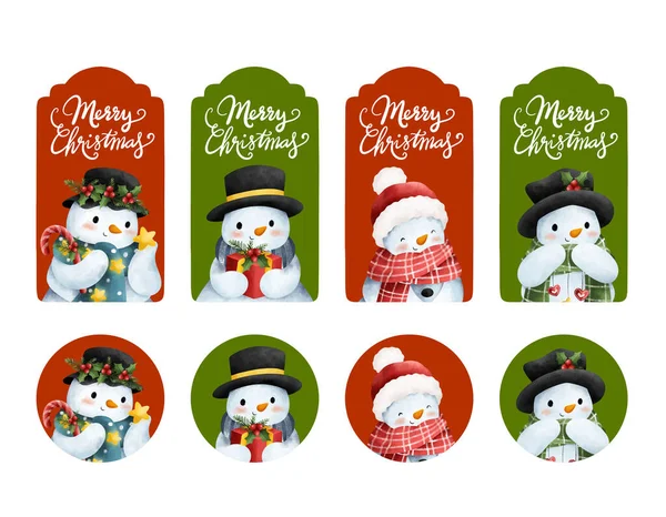 Watercolor Illustration Set Christmas Hangtag Sticker Snowman — Stock Vector
