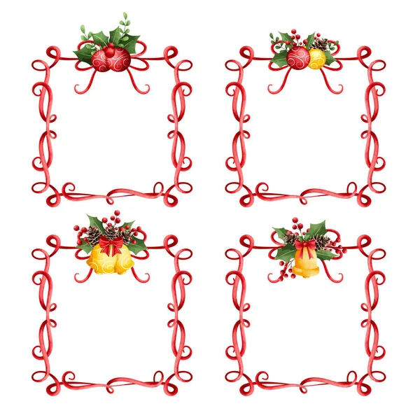 Aquarell Illustration Set Von Rotem Band Rahmen Mit Weihnachtsschmuck — Stockvektor