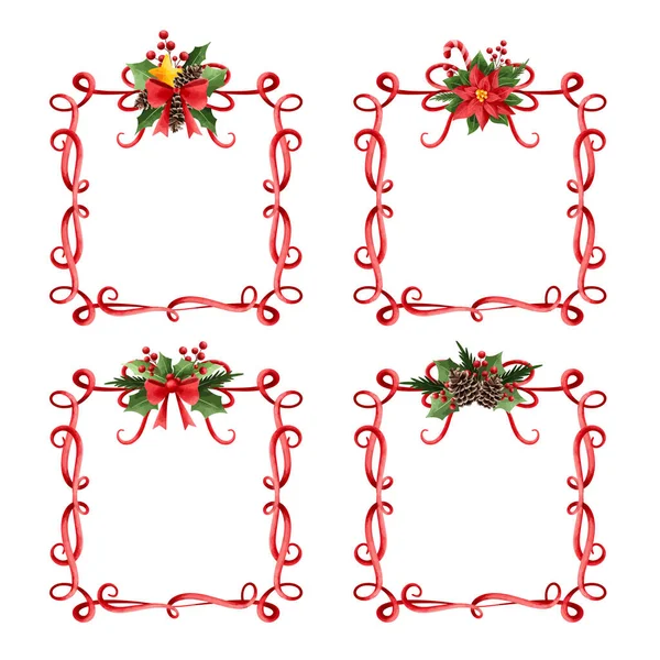 Watercolor Illustration Set Red Ribbon Frame Christmas Ornaments — Stock Vector