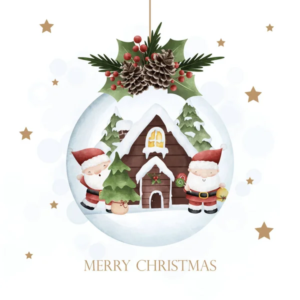 Árbol Navidad Con Bolas Regalos Santa Claus Acuarela Ilustración — Vector de stock