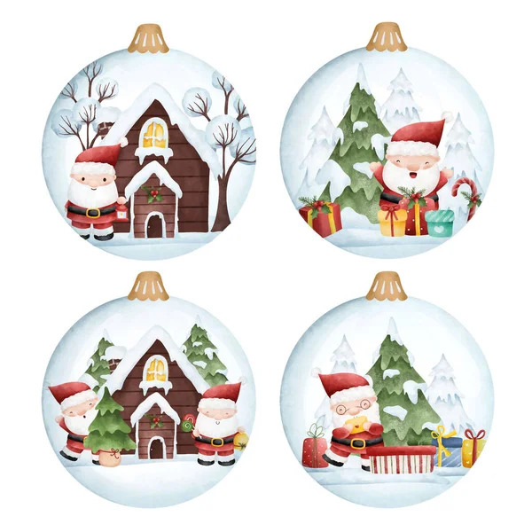 Karácsonyfa Golyókkal Ajándékokkal Télapó Akvarell Illusztráció — Stock Vector