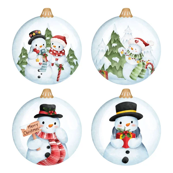 スノーマンとクリスマスガラスボールの水彩イラストセット — ストックベクタ