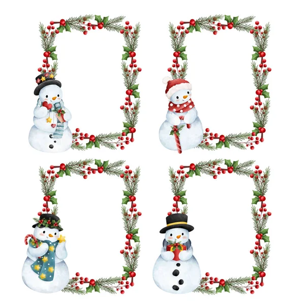 Watercolor Illustration Christmas Decoration Frame Snowman Character — Stock Vector
