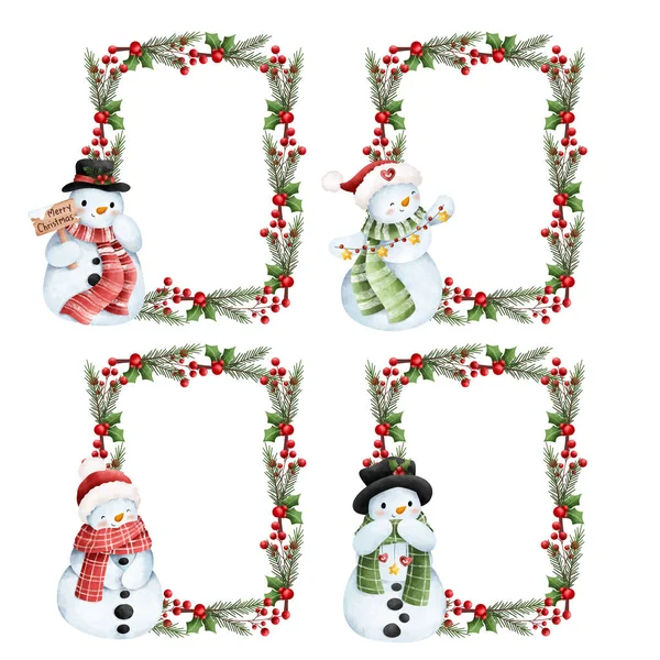 Watercolor Illustration Christmas Decoration Frame Snowman Character — Stock Vector