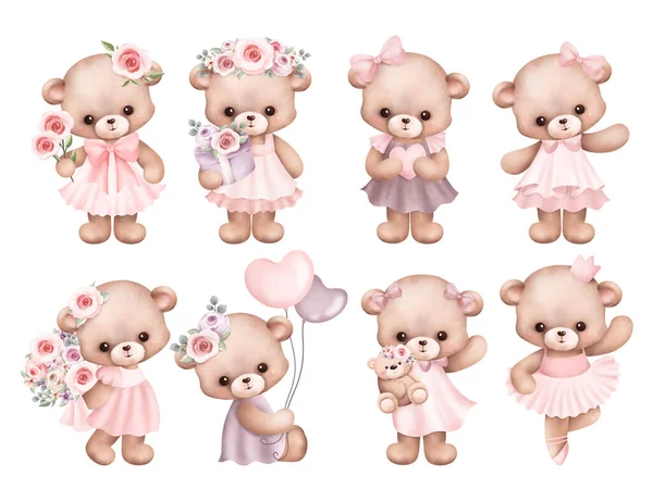 Watercolor Illustration Set Cute Teddy Bears — Stock Vector