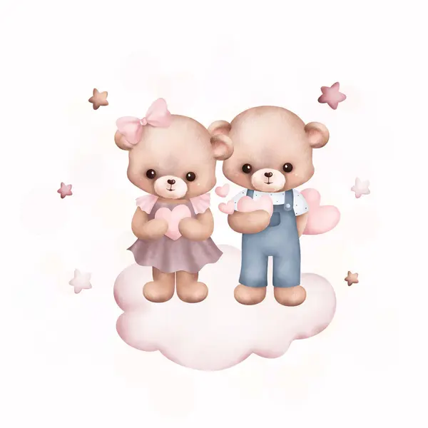 Akwarela Ilustracja Cute Para Teddy Beasr Chmurze — Wektor stockowy