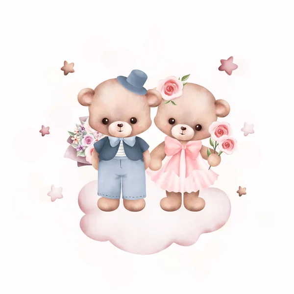 Aquarell Illustration Niedliches Paar Teddybär Auf Der Wolke — Stockvektor