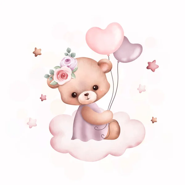 Aquarell Illustration Niedlicher Teddybär Auf Der Wolke — Stockvektor