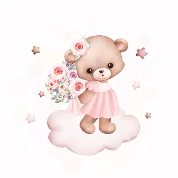 Aquarell Illustration Niedlicher Teddybär Auf Der Wolke — Stockvektor