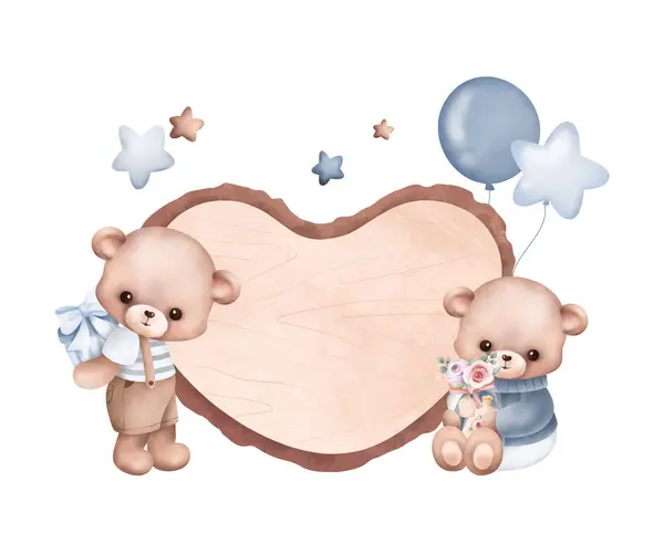 Watercolor Illustration Cute Baby Bears Wooden Board — Stock Vector