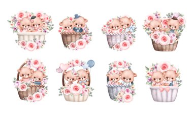  Çiçek çelenkli şirin bir çiftin suluboya resimleri.