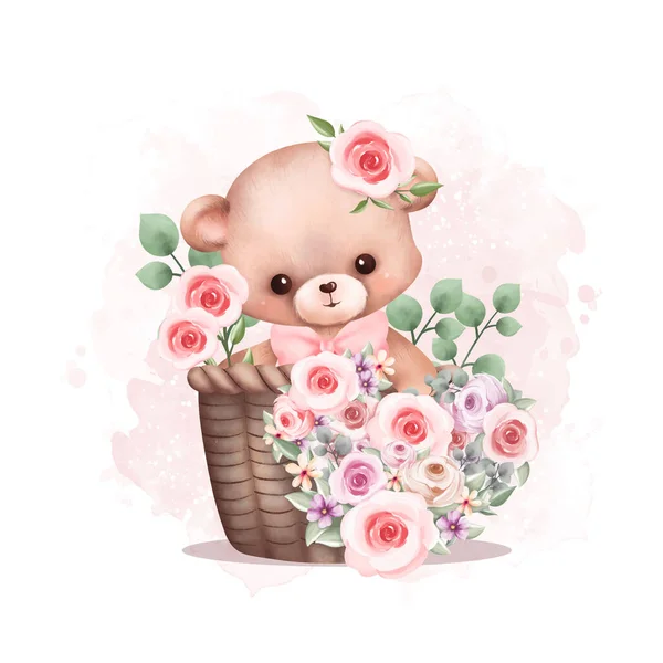 Υδατογραφία Εικονογράφηση Χαριτωμένο Αρκουδάκι Στο Καλάθι Στεφάνι Λουλούδι — Διανυσματικό Αρχείο