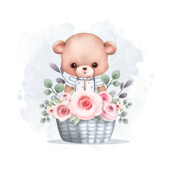 水彩画可爱的玩具熊与花环在篮子里 — 图库矢量图片