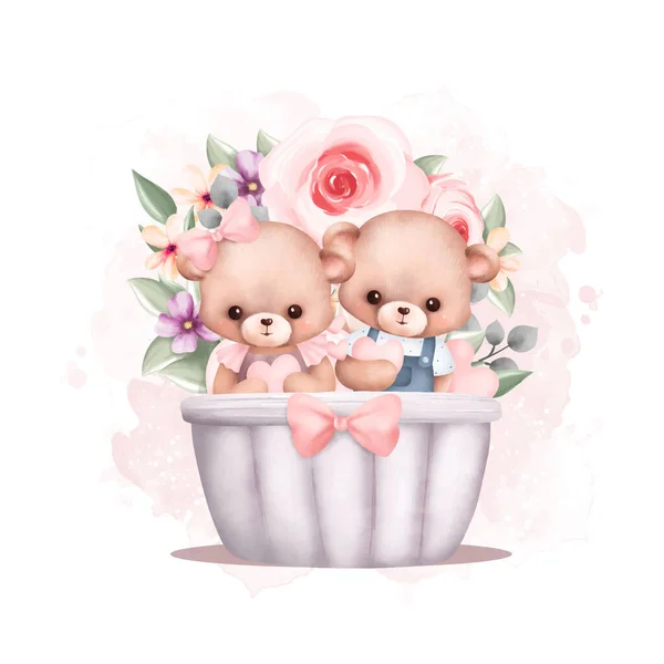 Watercolor Illustration Cute Couple Teddy Bear Basket Flower Wreath — Stock Vector