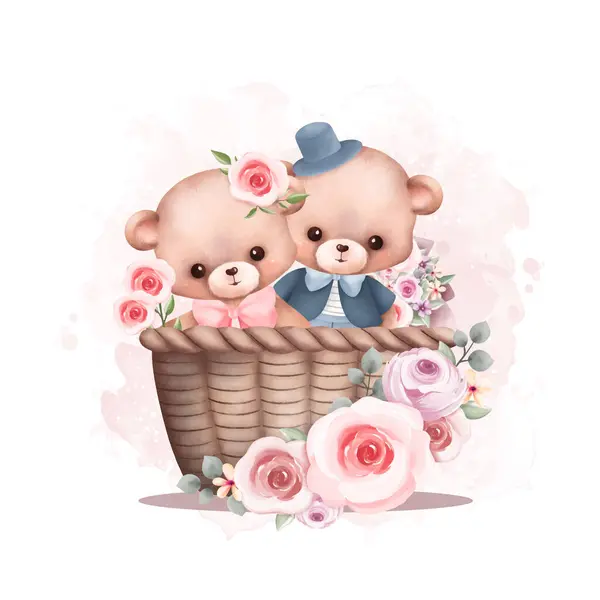 Aquarel Illustratie Schattig Paar Teddybeer Mand Met Bloemkrans — Stockvector