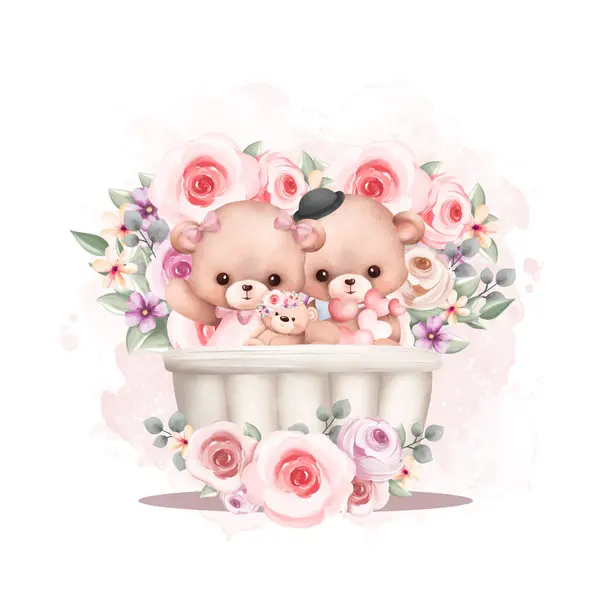 Akwarela Ilustracja Cute Para Pluszowy Miś Koszyku Wieniec Kwiatów — Wektor stockowy