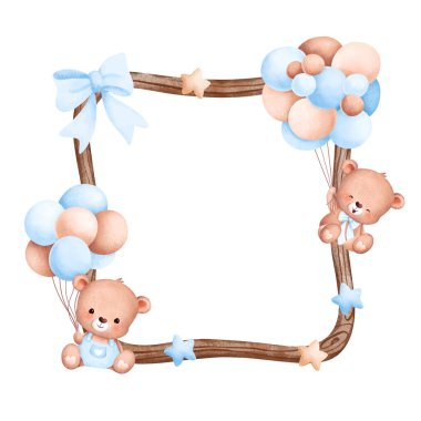 Tatlı oyuncak ayı ve balonla suluboya resim ahşap çerçeve