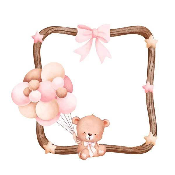 Watercolor Illustration Wooden Frame Cute Baby Teddy Bear Balloon — Stock Vector