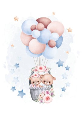 Suluboya çizimi: Oyuncak ayı ve yıldızlı balonlar