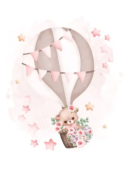 水彩イラスト テディベアと星付きの風船 — ストックベクタ
