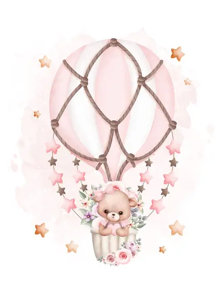 Aquarell Illustration Teddybär Und Luftballons Mit Sternen — Stockvektor