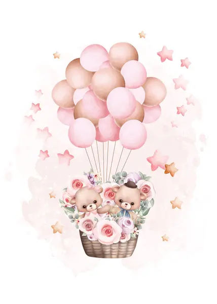 Ilustração Aquarela Ursinho Balões Com Estrelas —  Vetores de Stock