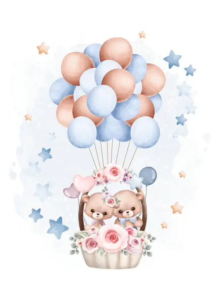 Watercolor Illustration Teddy Bear Balloons Stars — Stock Vector