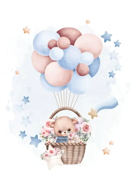 Aquarel Illustratie Teddybeer Ballonnen Met Sterren — Stockvector
