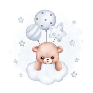 Suluboya Oyuncak Ayı ve bulutların üzerinde yıldızlı balonlar