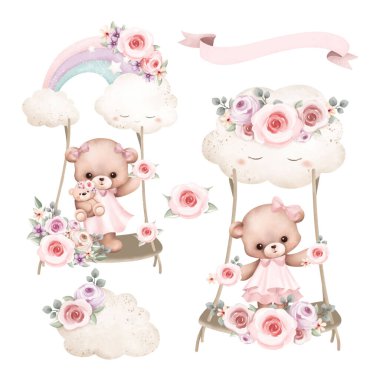 Tatlı oyuncak ayıların suluboya çizimleri bulutlarda ve gökkuşağında çiçek çelenk elementleriyle sallanıyor