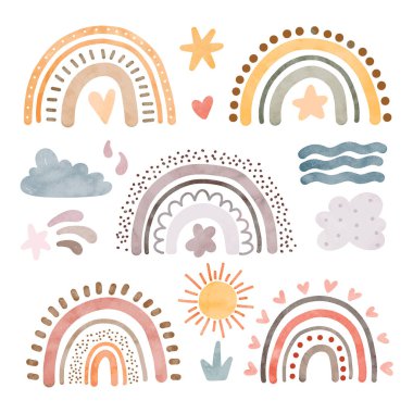 Vektör el çizimi karalama çizimi soyut çizimler. Gökkuşağı, bulut, yıldız ve bulut koleksiyonu. izole ögeler